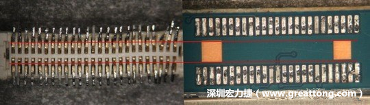 把板對(duì)板連接器與其電路板的佈線焊墊作一個(gè)比較，端子的切斷面有毛邊的地方剛好對(duì)到了裸銅區(qū)。