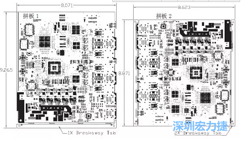 如圖7所示是使用不同數(shù)量邊條的拼板，拼板1僅使用了一個(gè)邊條，直接利用PCB另一邊作為SMT工藝傳送邊，并且PCB圖形中有合適的安裝孔；而拼板2則是按常規(guī)設(shè)計(jì)了兩個(gè)邊條。拼板方式為連接筋。圖中“Breakaway Tab”指邊條-深圳宏力捷
