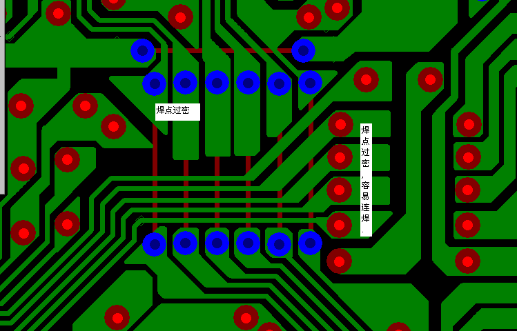 PCB設(shè)計(jì)焊點(diǎn)過(guò)密，易造成波峰連焊，焊點(diǎn)間漏電