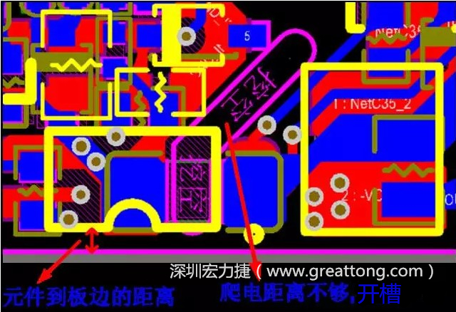 如果碰到模塊PCB空間有限，爬電距離不夠，可以采用開槽的方式