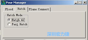 點擊工具欄File→Tools→Pour Manager調(diào)出下圖的覆銅菜單選擇Hatch，Hatch Mode則選Hatch All，按Start進行覆銅