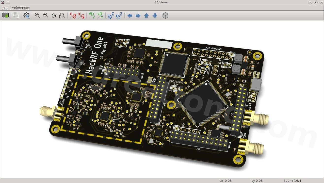 經(jīng)KiCad軟體3D功能渲染過的HackRF One電路板。