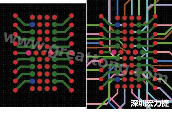 圖7：焊盤內(nèi)過孔用于內(nèi)部，而外部接腳在0.5mm閘格上扇出。圖7a顯示的是頂層(左)；圖7b顯示頂層和內(nèi)部布線層(右)。