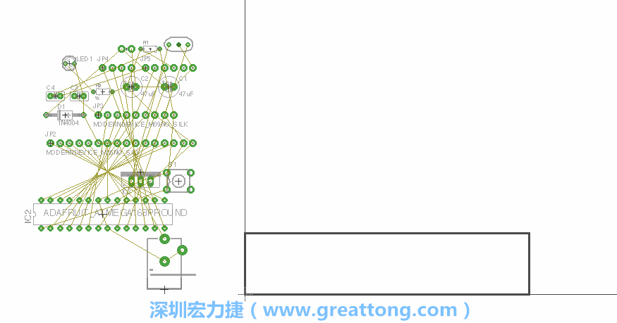 第一次執(zhí)行布線編輯器時，你會發(fā)現(xiàn)有兩個區(qū)塊，左邊的區(qū)塊非?；靵y，而右邊的區(qū)塊則是一個長方形的工作區(qū)域，EAGLE免費版會限制你的工作區(qū)域在4” x 3.2”的范圍內(nèi)，如果你試圖將元件擺放在工作區(qū)外的話，就會跳出警示訊息。