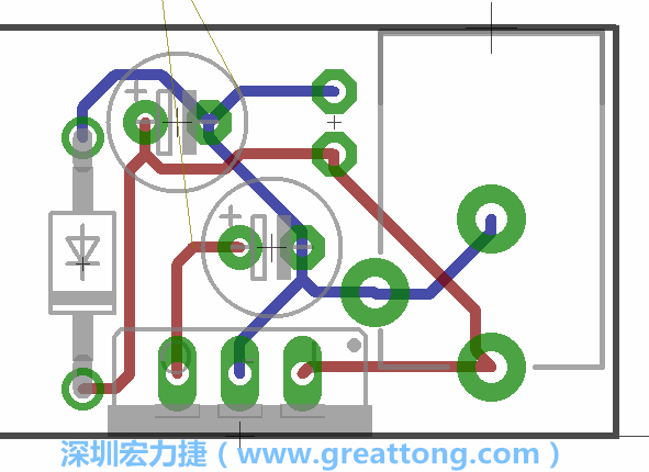 接地連結(jié)點的布線情形如下圖所示，利用這個練習(xí)來避免電路連線銳角化的產(chǎn)生是一個不錯的選擇，你可以在工具列中的彎曲線路（Wire Bend）選項里改變各種布線的變化。