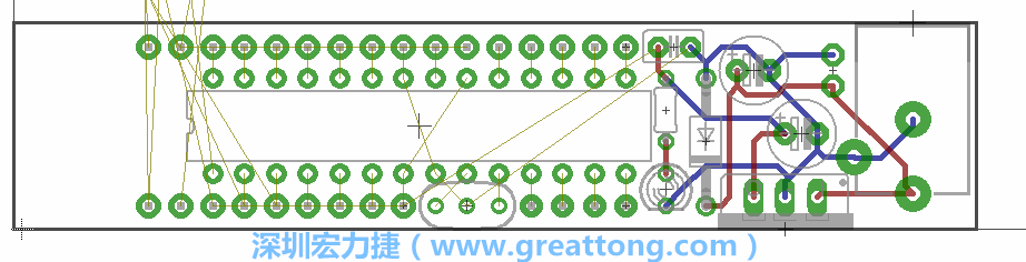將ATmega微控制器、三個GPIO排針（JP2, JP3, JP4）和諧振器（resonator）排置如上圖所示。