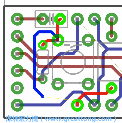要在電路板正面進行+5V信號線連結(jié)和其他連結(jié)點的布線工作是非常容易的，而重置信號線（信號線用來連結(jié)電路板正面左邊的重置開關(guān)）需要經(jīng)過一個可以通過電路板正反兩面的電路通道，這個通道是一個可以讓電路板正反兩面線路連接的一個小孔。