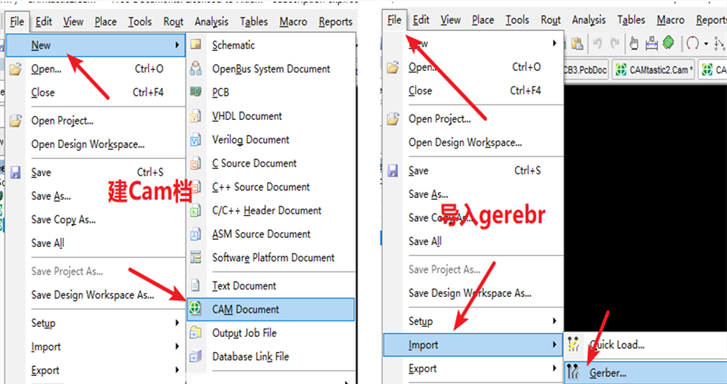 在File下新建 Cam檔，建后再File下導(dǎo)入Gerber文件，選擇所有文件導(dǎo)入gerber。