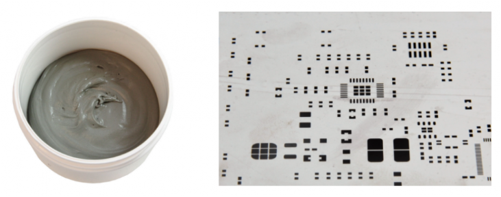 焊膏（左），PCB模板激光切割孔（右）